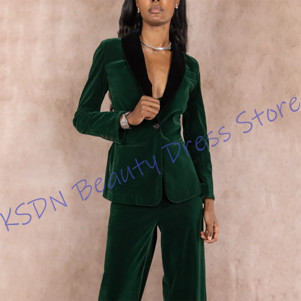

Изысканные женские изумрудные бархатные костюмы, комплект из 2 предметов, куртка на одной пуговице с черной бархатной шалью и лацканами, верхняя одежда в стиле ретро
