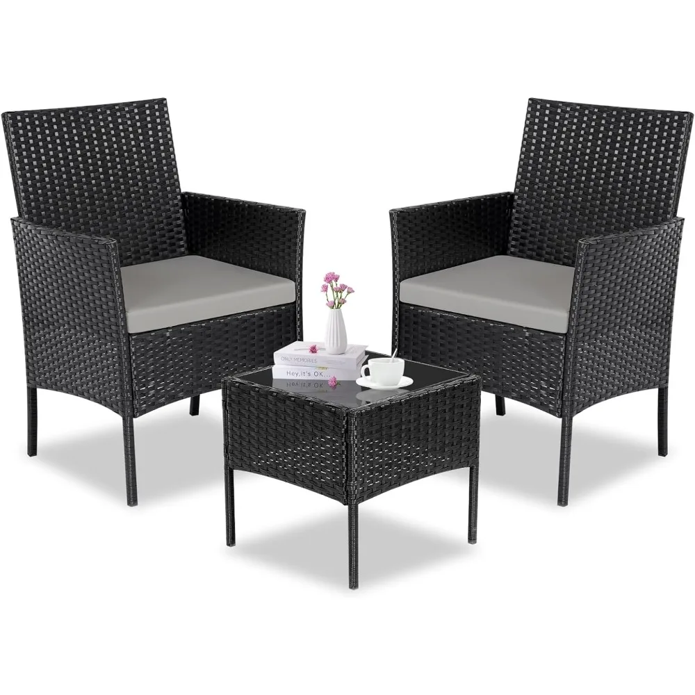 

Patio Set 3 Piece Outdoor Rattan Porch Furniture with Tempered Glass Side Table