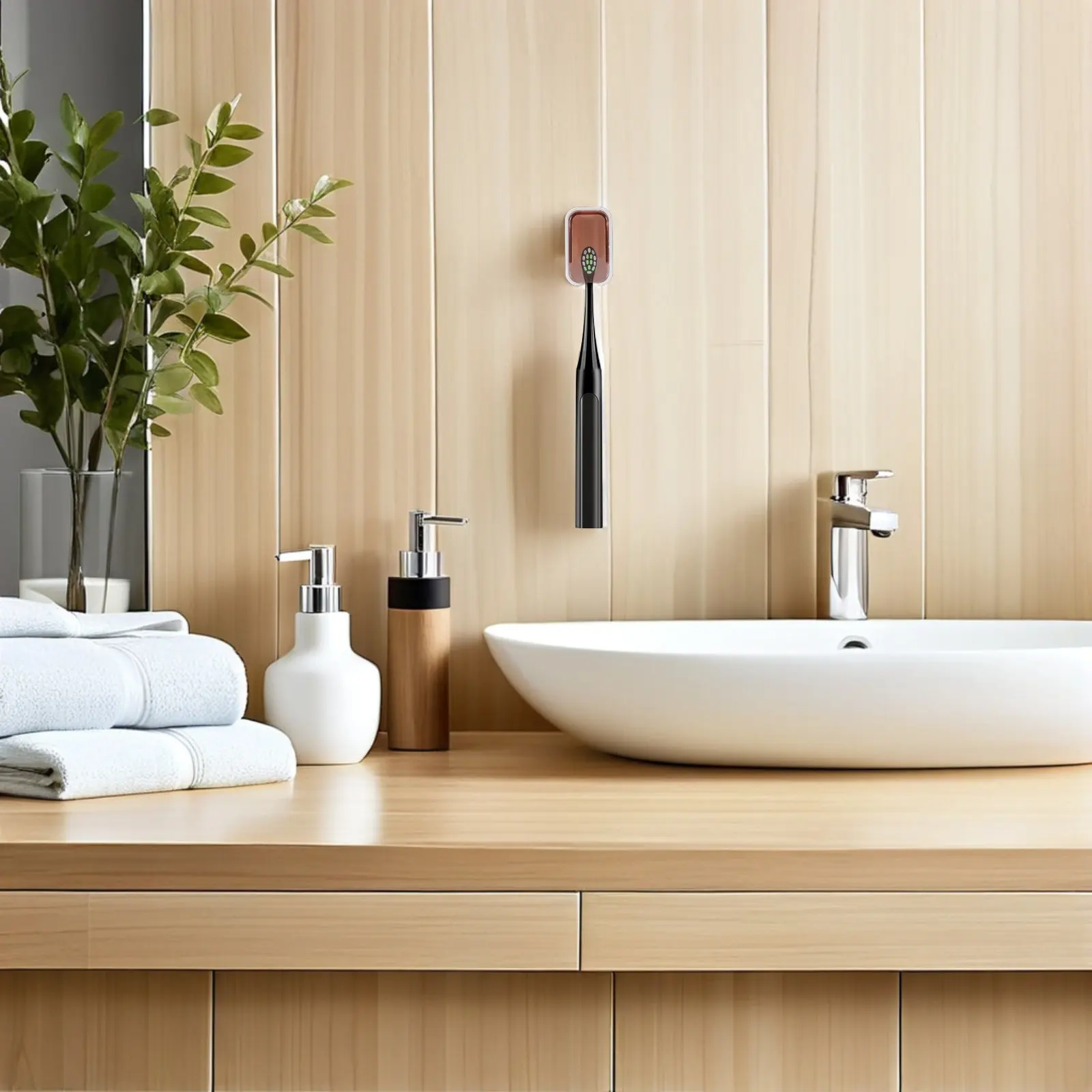 2Pcs Wall Mounted Toothbrush Holder Light Brown Self Adhesive Bathroom Organizer Space Saver Waterproof Electric Manual