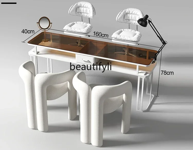 

xxCaramel Brown Nail Table and Chair Suit Glass Nail Salon Table and Sofa Combination with Socket