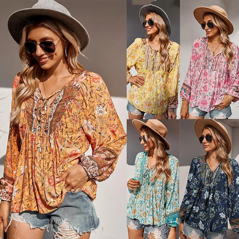 

Diyun Amazon Cross-border Foreign Trade Women's Clothing V-neck Tether Contrasting Color Printed Holiday Style Long-sleeved Top