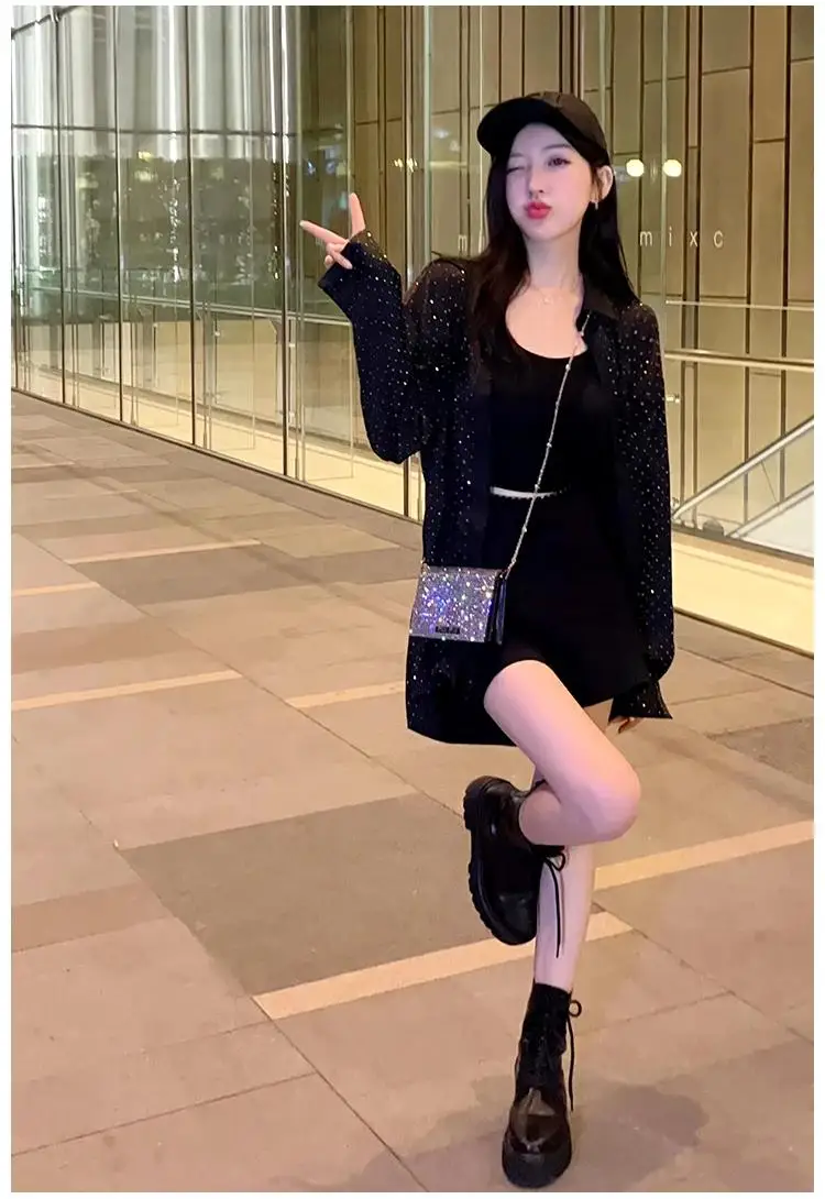 HIGH Street 2024 Spring New Fashion Shinning Hot Drilling Diamonds Style Loose Black Casual Sequins Shirt Blouse for Women