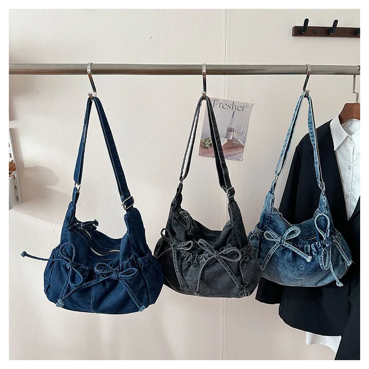 

Bow denim women's single-shoulder bag for commuting, light crossbody dumpling bag, niche daily simple bag