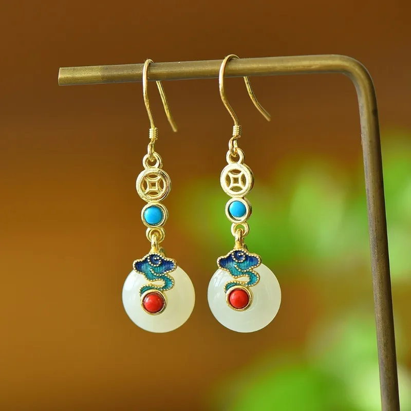 

Copper Inlaid Hetian Jade Safety Buckle Fashion Earrings Women's
