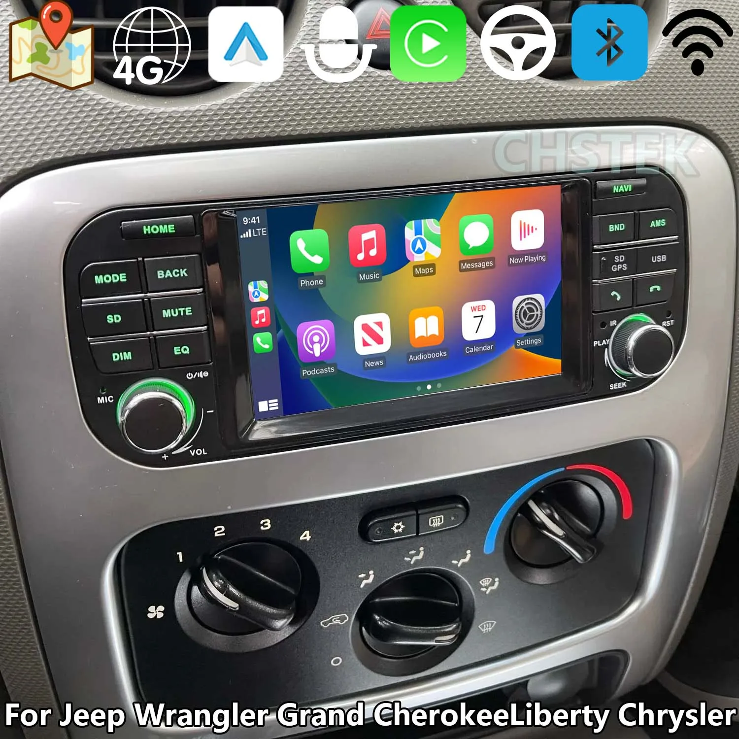CHSTEK Car Wireless Carplay For Jeep Grand Cherokee Dodge Liberty Wrangler Chrysler Android 14 Multimedia 4G GPS WIFI Bluetooth
