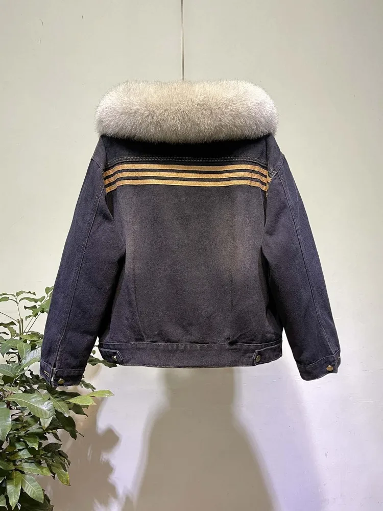 نساء موضة الثعلب الفراء طوق انفصال الدينيم الستر بطانة انفصال سترة منفوخة الشتاء سميكة الدافئة الكورية نمط معطف قصير #3