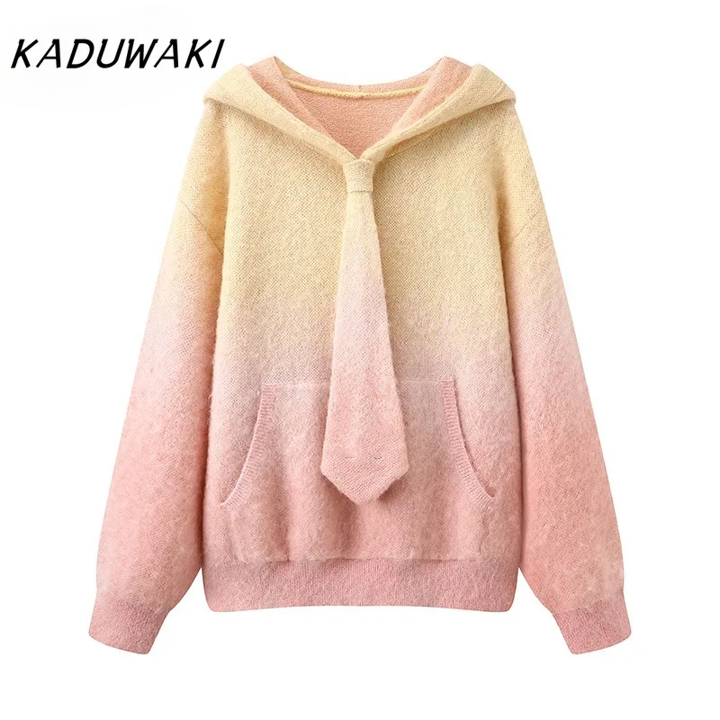 KADUWAKI French Sweet Style Hooded Long-sleeved Gradient Color Sweaters Autumn and Winter Versatile Color Tie Knit Tank 여성 반팔 니트