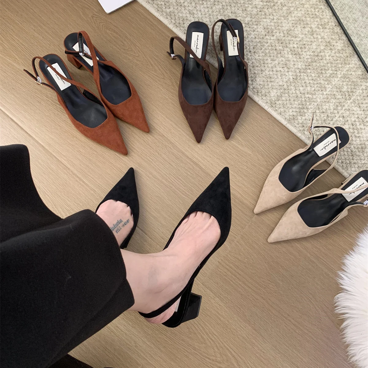 Beige Heeled Sandals 2024 Women's Velvet Shoes Black High New Suede Open Pointed Retro Block Clear Girls Spring Flock Pumps Scan