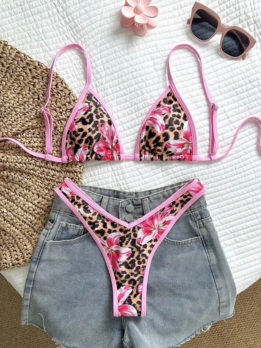 

Women Leopard And Floral Print Spaghetti Strap Triangle Bikini Set With High Cut Denim Shorts For Beach Summer Vacation