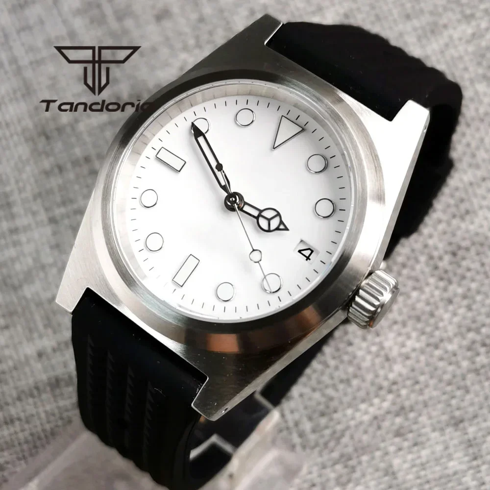 Tandorio 38MM Steel Case 20bar Diving Men Watch Dome Sapphire Glass Silicone Band NH35 Movt Sunburst Grey/Blue Dial Luminous