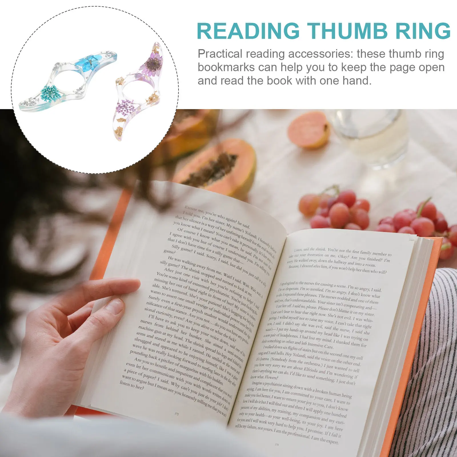 

2Pcs Reading Thumb Ring Page Holder Book Marker Support Decorative Flower Design Smooth Texture Sturdy Page Pressing Aid