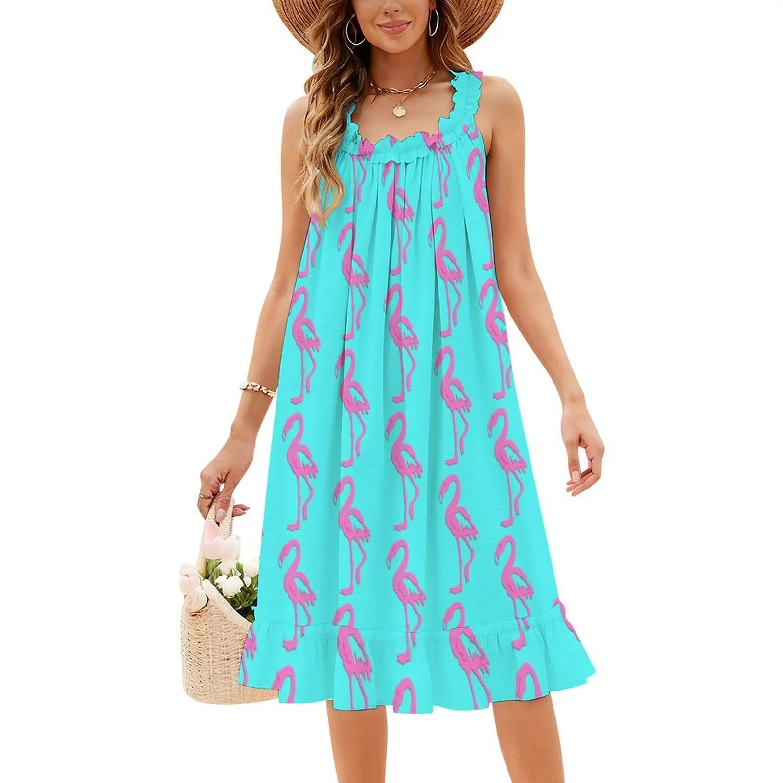 فستان قصير من ورق الفلامنغو الوردي على طراز Preppy للنساء على شكل حرف a فضفاض مناسب فستان يوم غير رسمي وردي طائر الفلامنغو صيفي استوائي لطيف