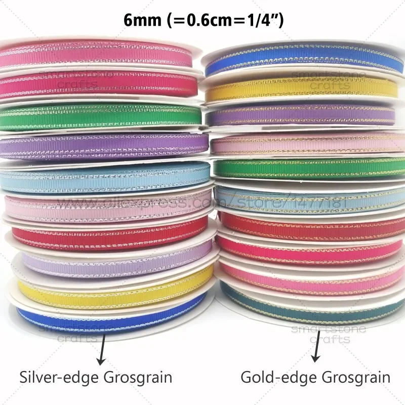 6/9/16/25/38mm Silver Gold Edge Grosgrain Ribbon/Chic Fabric Ruban Tapes/Gift Wrapping Ribbons/Hair Bows Making Ribbons 599498