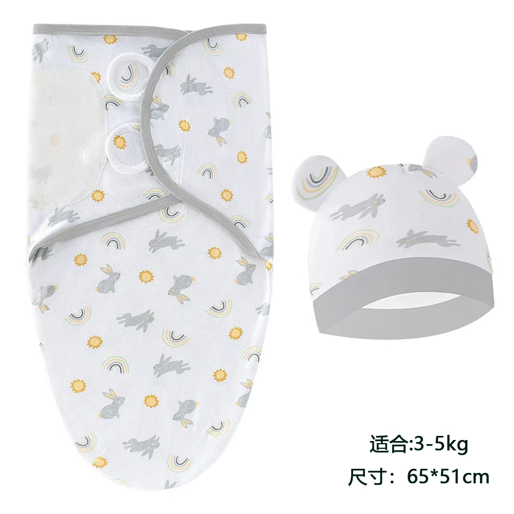 

Baby Blanket Hat Set Cartoon Printed Cotton Newborn Swaddle Adjustable Infant Sleeping Swaddle Wraps All Seasons 0-6 Months