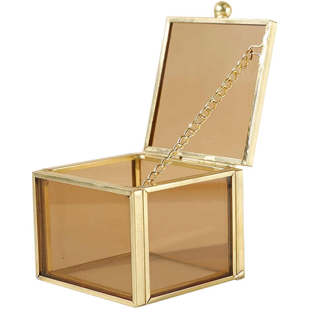 

Luxury Vintage Square Glass Jewelry Box Sturdy Brass Base Ideal for Necklace Ring Earring Storage Home Office Dresser Decor