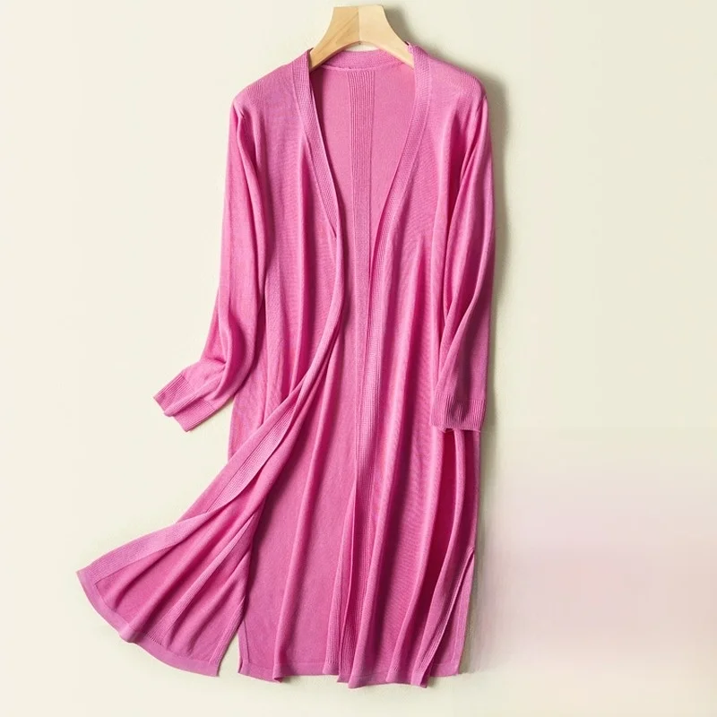 

Summer Thin Medium-Length Knitted Sun Protection Ice Silk Loose Outerwear Women's Cardigan Coat Breathable Long Sve V-Ne