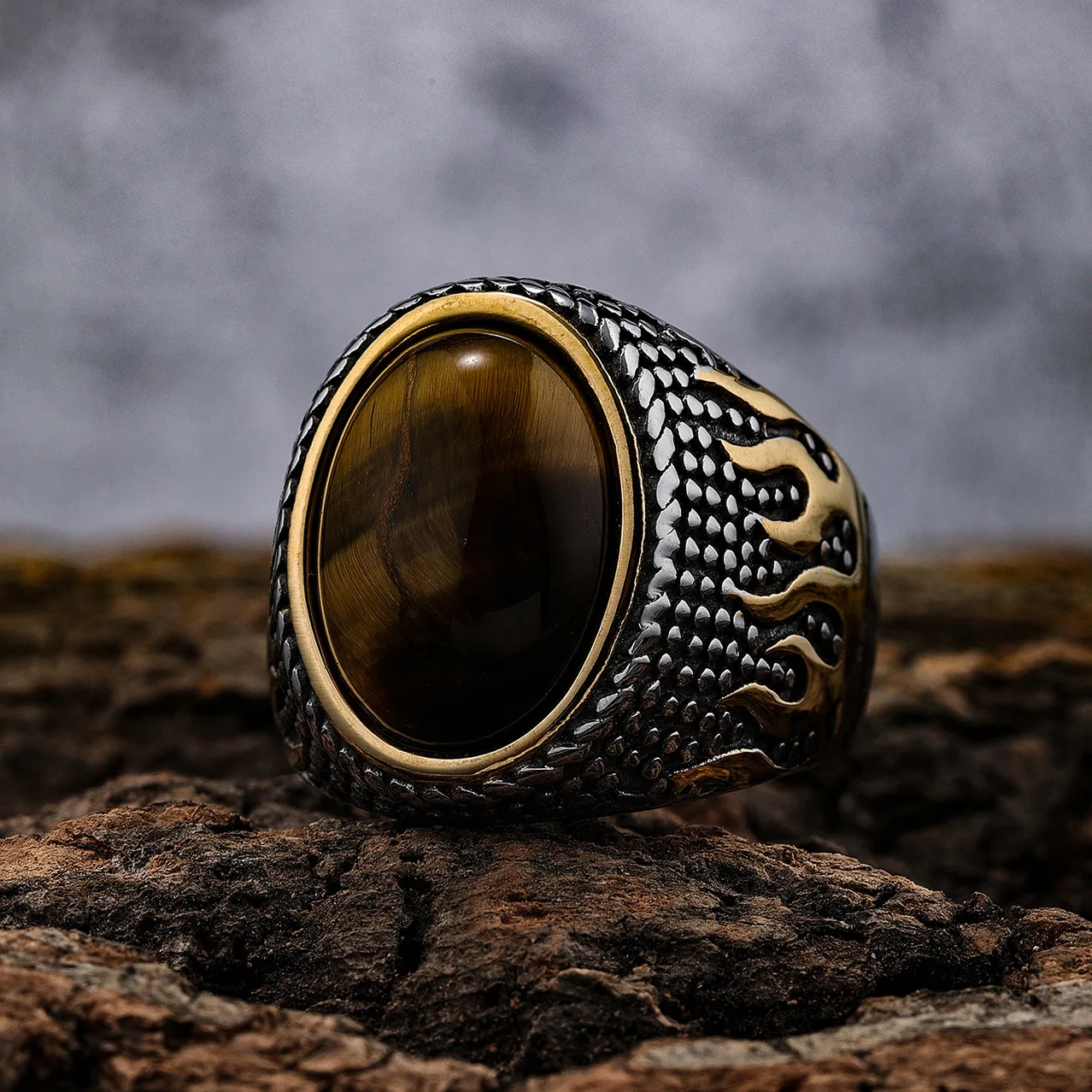 European And American Retro Flame Patterned Tiger Eye Stone Inlaid With Stainless Steel Non Fading Trendy Men's Jewelry