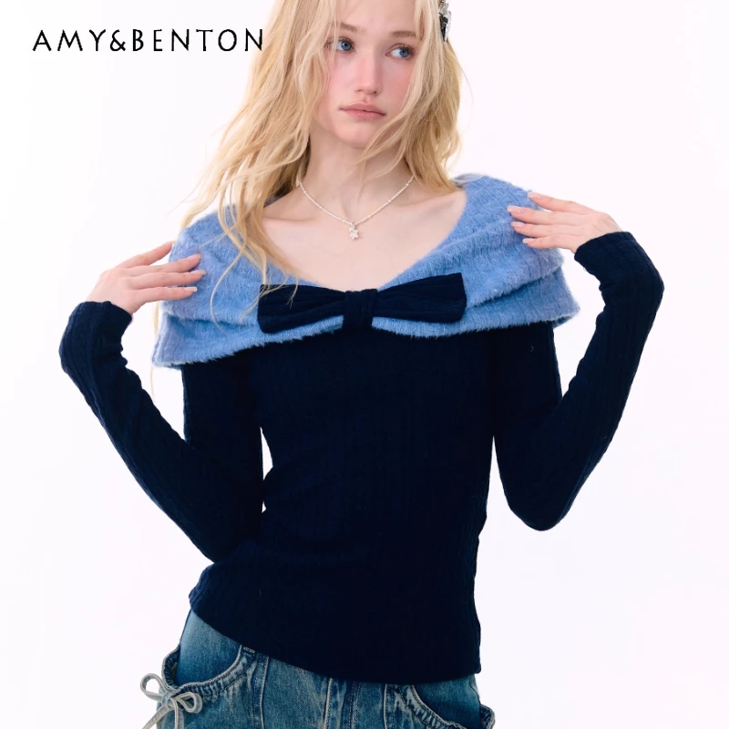 

2025 Autumn Winter New Cute Bow Long Sleeve Women's Bottoming Shirt Korean Slimming Versatile Elegant Knitted T-Shirts Ladies