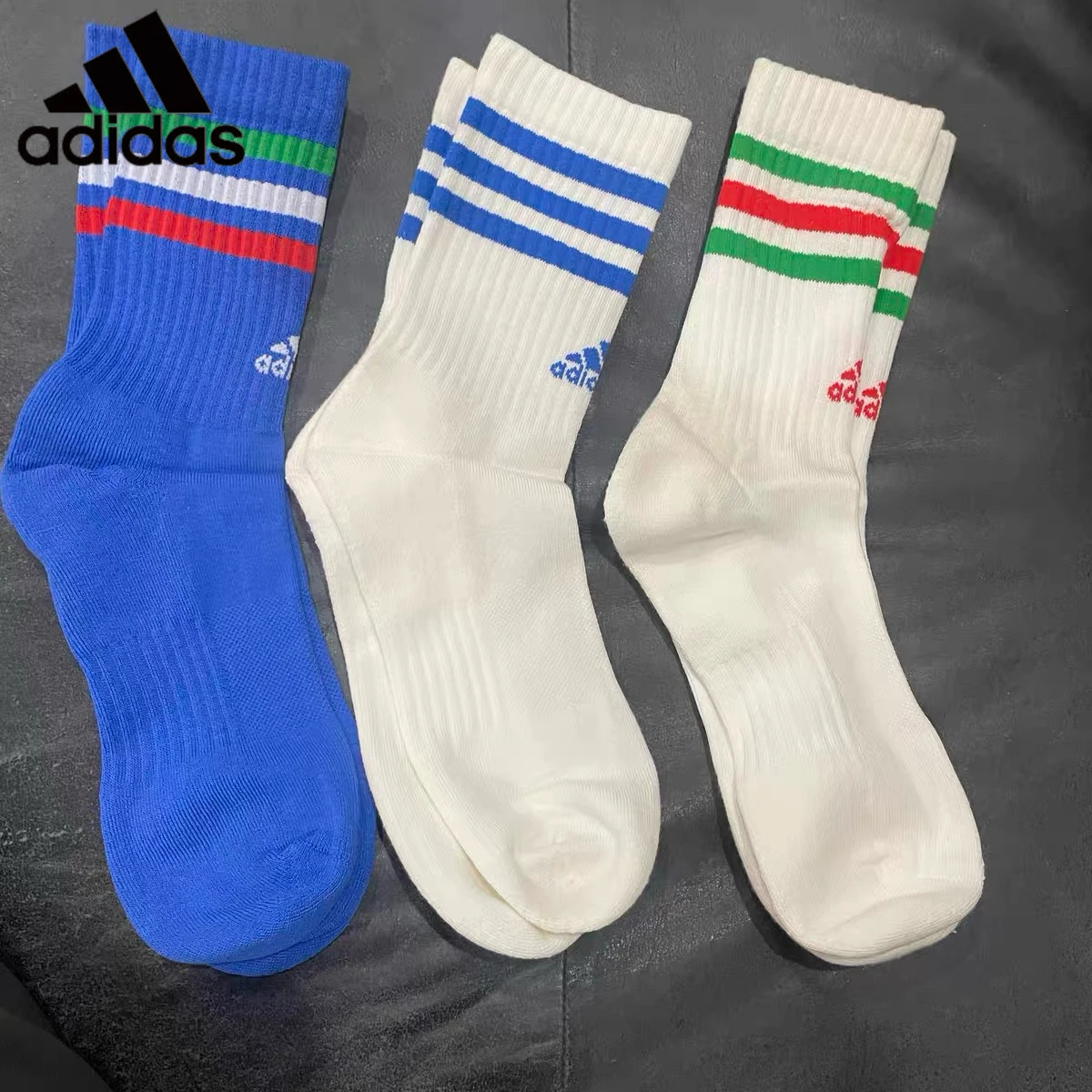 Adidas 3 Pairs Striped Crew Socks Men Women Breathable Cotton Mid Calf Sports Socks Running Training Casual Daily Wear