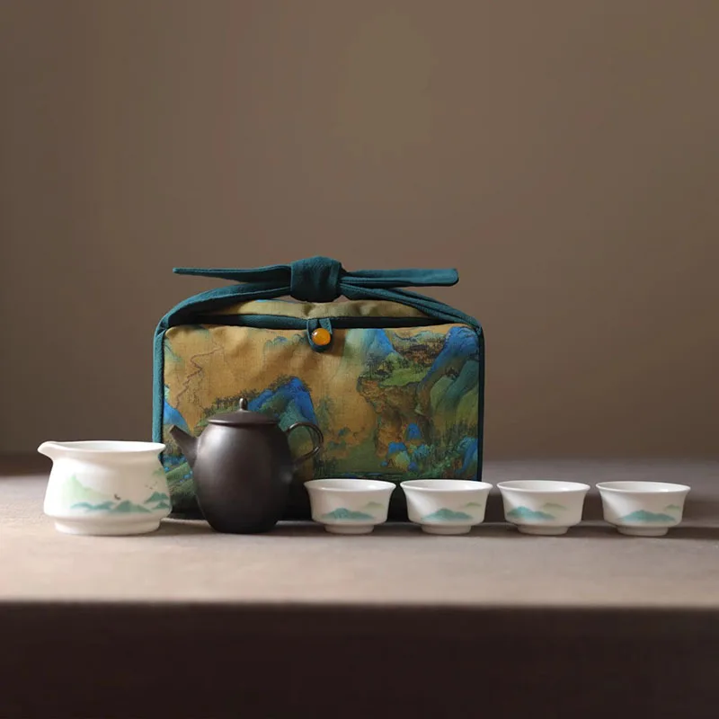 Tea Cup Bags with Drawstring Foldable Cloth Bag Chinese Style Printed, Scenic Travel Bag Teapot Tea Set Storage Organizer