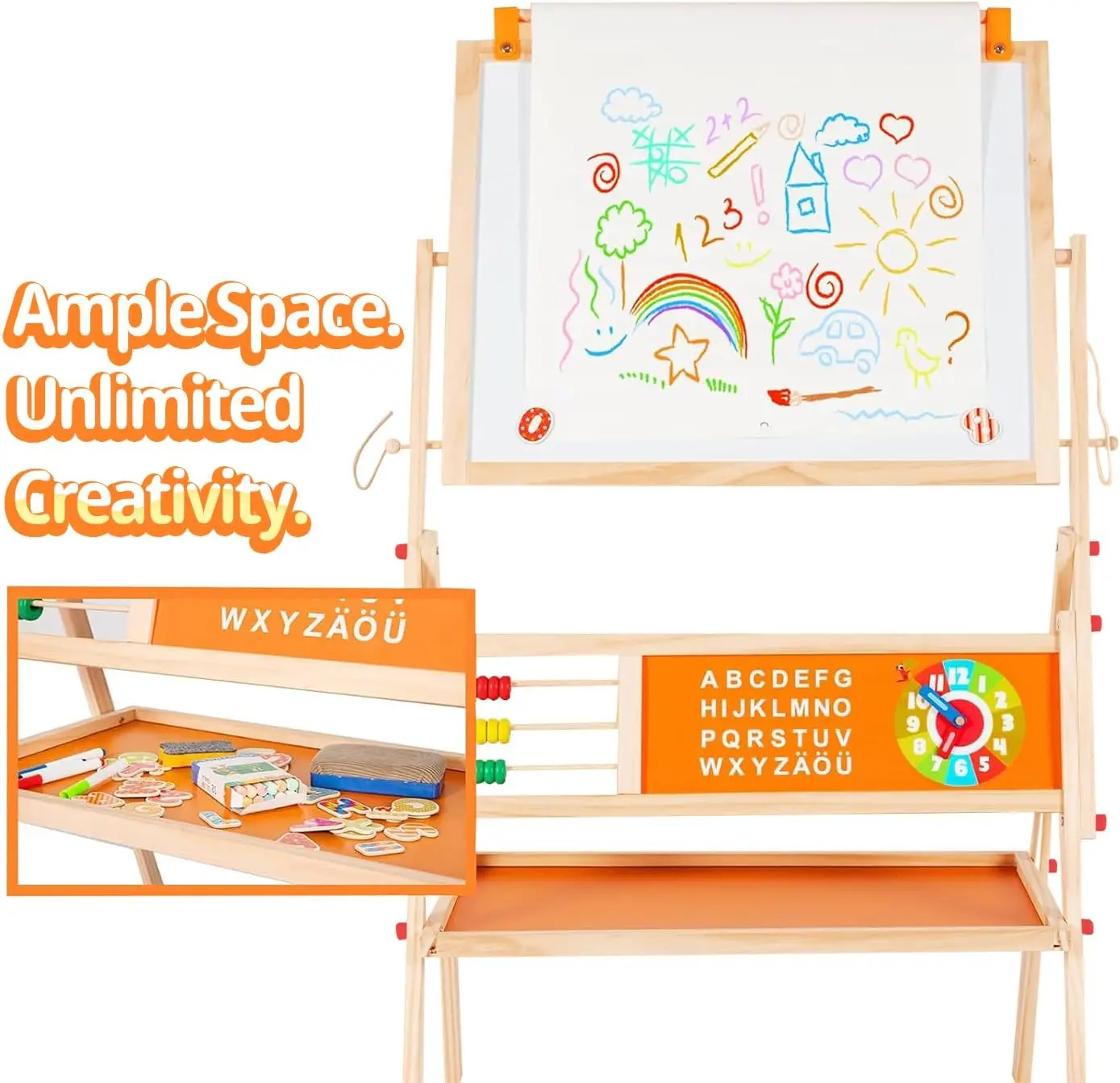 حامل خشبي 3 في 1 للأطفال، سبورة بيضاء مغناطيسية على الوجهين وسبورة طباشير، قابلة للدوران مع حامل لفائف الورق وصينية تخزين #6
