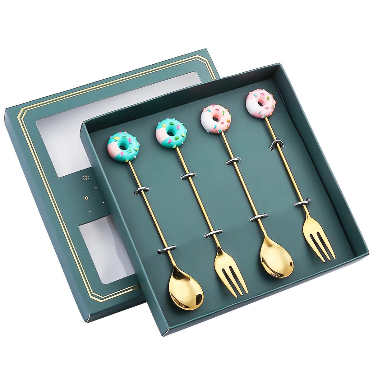 Leeseph-Juego de tenedor y cuchara de café, cucharaditas pequeñas de acero inoxidable, Mini Donut, postre, helado, té, agitadores de azúcar para regalo de Año Nuevo