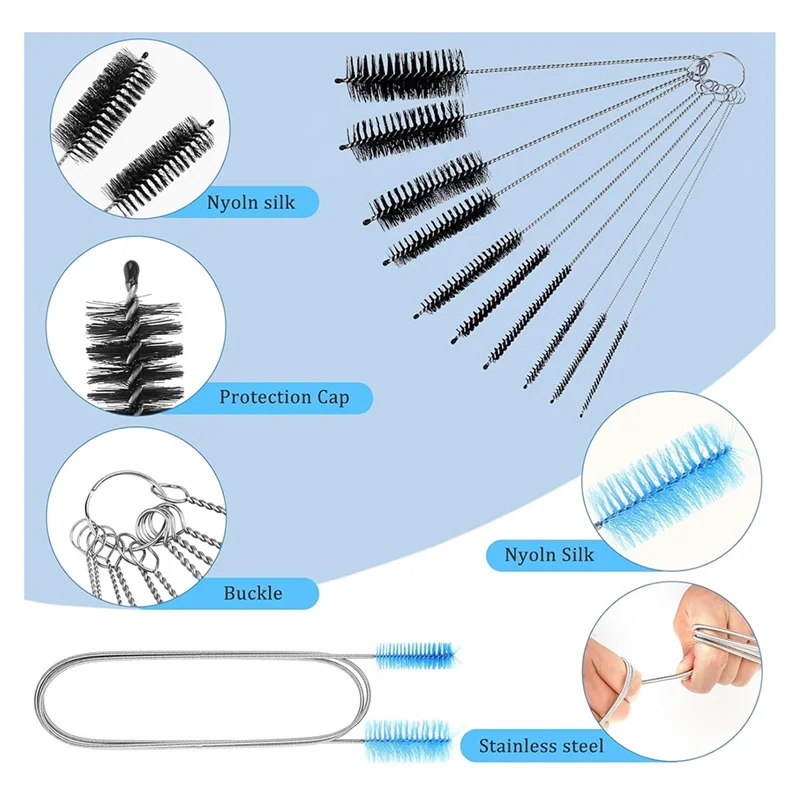 FAAJ-11 Pcs 유연한 배수 브러시 Strawcleaner 브러시 세트 스테인레스 스틸 양면 호스 브러시 Strawcleaning Brush
