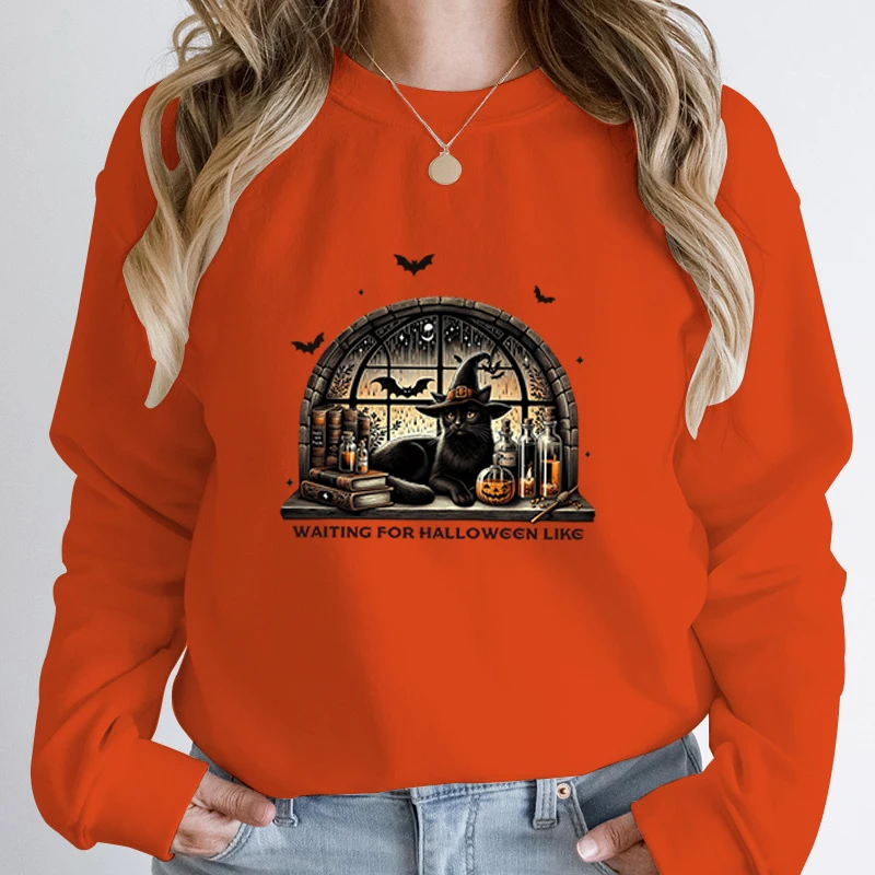 Black Cat Waiting For Halloween Like Print Pullover  Autumn And Winter Creative Halloween Tops Ladies Round Neck Casual Pullover