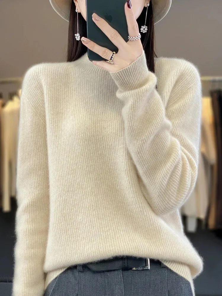 Suéter de lana pura de punto suelto para mujer de gama alta ropa interior de cuello alto Otoño Invierno cómodo Top de lana transpirable