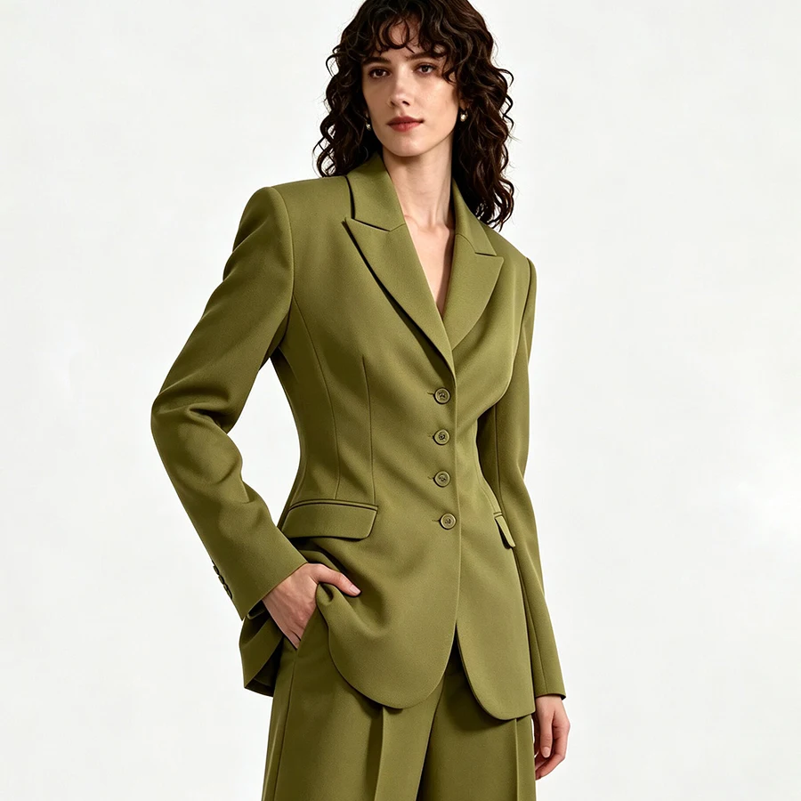 LIMO Premium Olive Green Women's Blazer - Notched Lapel Waist-Fitted Jacket with Flap Pockets, Business Casual Outerwear