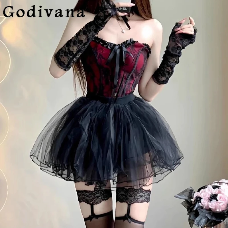 Halloween Zoet Cool Sexy Taille Cinching Slanke Strapless Top Zwarte Hoge Taille A-lijn Mode Veelzijdige Leeftijdsreductie Roksets