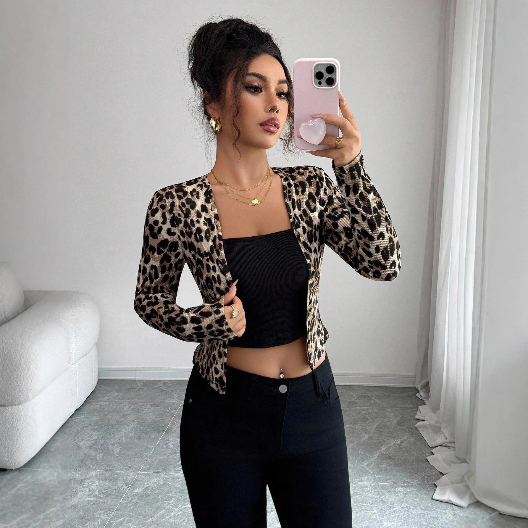 New Arrival Women's Elegant Leopard Print Waist Slimming Cropped Cardigan Long Sleeve Daily Commute Comfort Casual Versatile Top