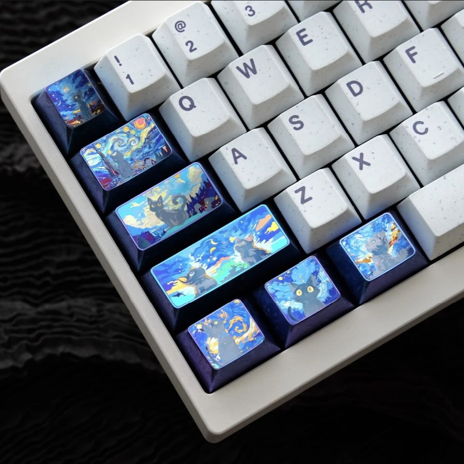 Starry Night Cat Colored Titanium Alloy Theme Keycaps Set Cherry Profile Metal Custom Original Handmade Keycaps for Keyboard DIY