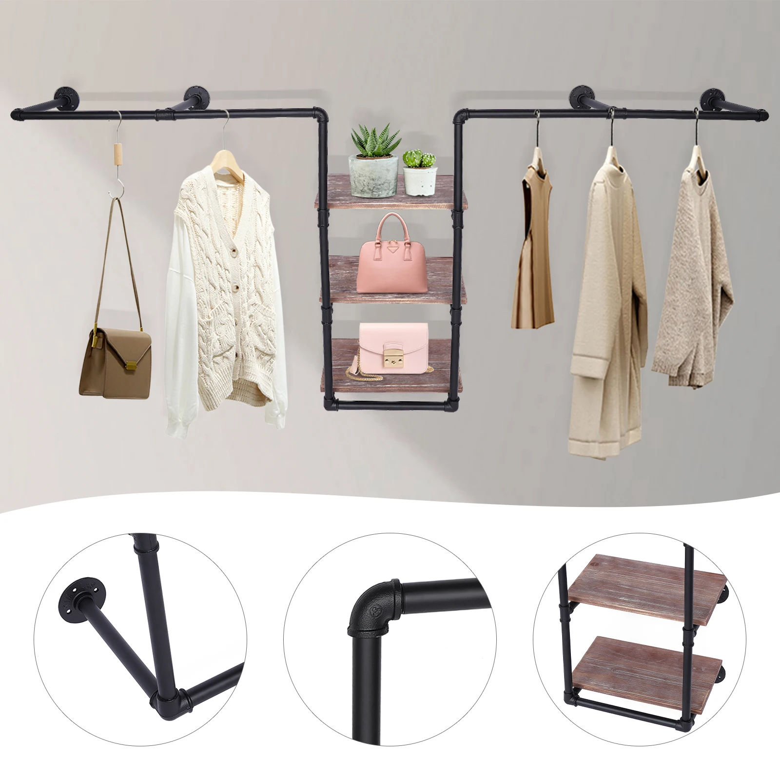 

3-х ярусная коричневая промышленная вешалка для одежды, настенная стойка для хранения из цельного дерева 220*95*27 см для дома, магазинов одежды