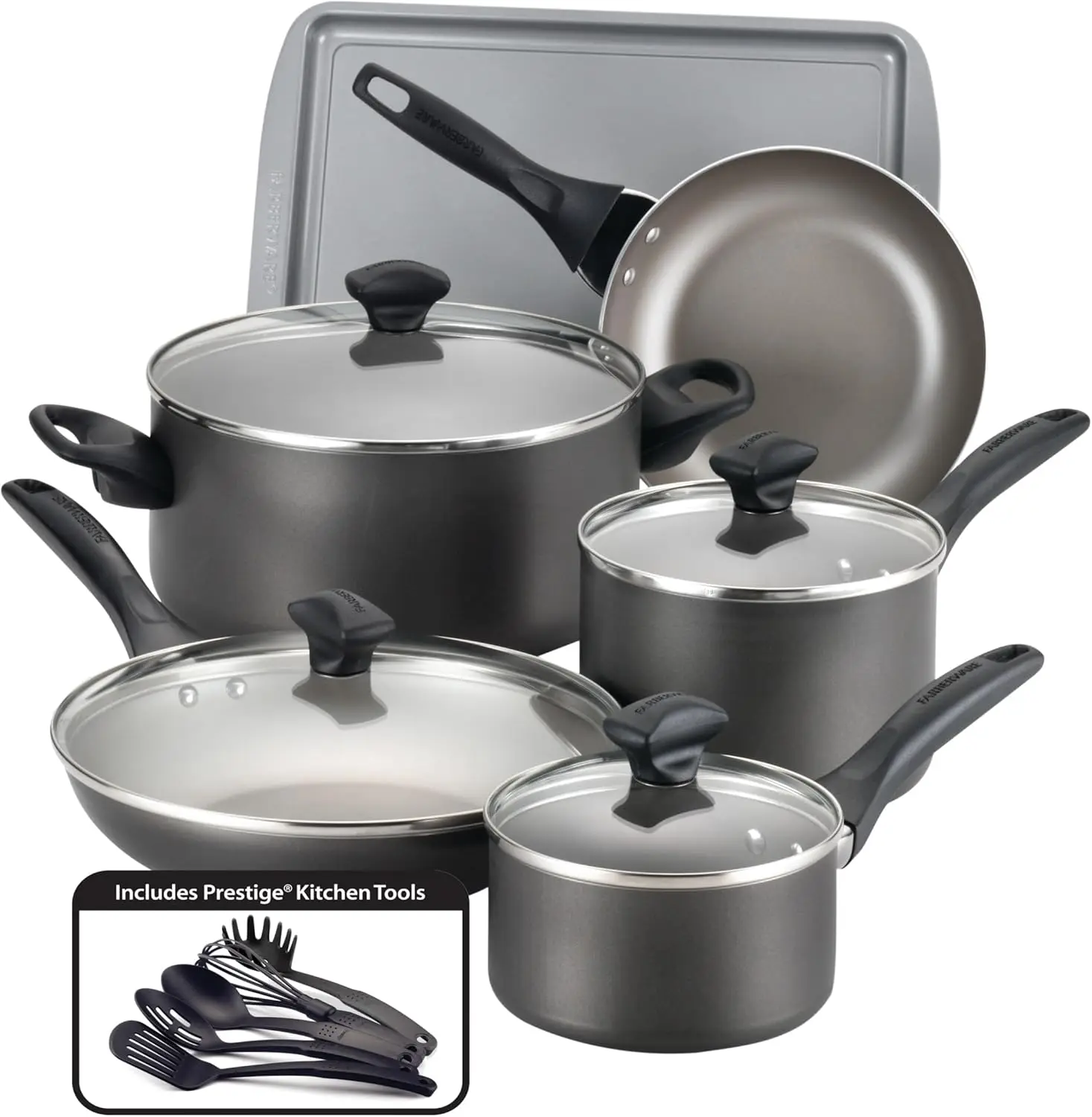 

Dishwasher Safe Nonstick Cookware Pots and Pans Set, 15 Piece, Pewter,Oven safe to 350 degrees F, bakeware to 450 degrees F