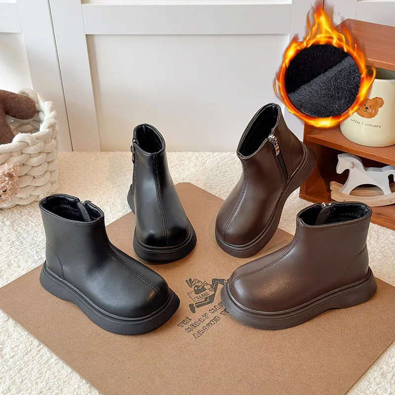 

Girls Boots Autumn Winter New Children's Fashion Boots PU Leather Boots Velvet Little Girl Two Cotton Shoes Size 23-36