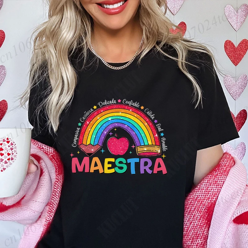 MAESTRA Rainbow Print Women T Shirt Casual O Neck Short Sleeve Teacher T-shirts Fashion Comfy Tee Shirts Best Gift To Teacher