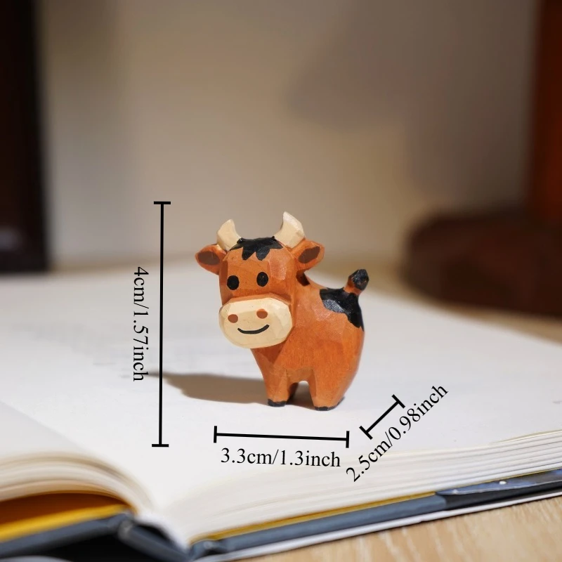 1 PC Brown Cattle Hand Carved Wooden Sculpture Adorable Bovine Figurines Chinese Zodiac Ox Year Birthday Gift Handmade Ornament