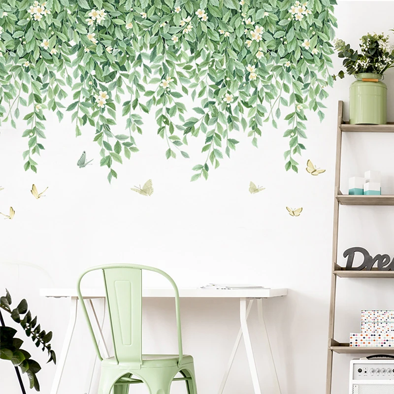 Nordic Fresh Plant Wall Stickers Top Corner Line Green Plant Daisy Wallpaper Living Room Bedroom Background Decor Wall Stickers view 2