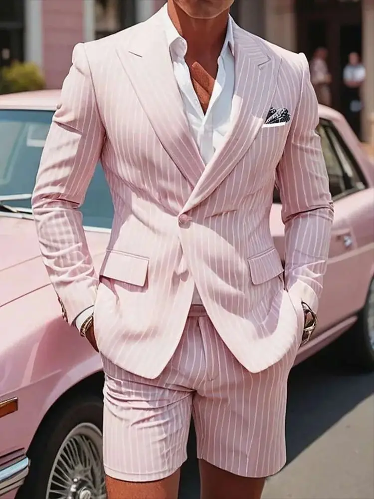 Heren Roze Gestreept Piek Revers Single Breasted Pak Set Blazers Korte Broek Dagelijks Casual Sportief Pak Voor Bruiloft Banketpakken - afbeelding 2