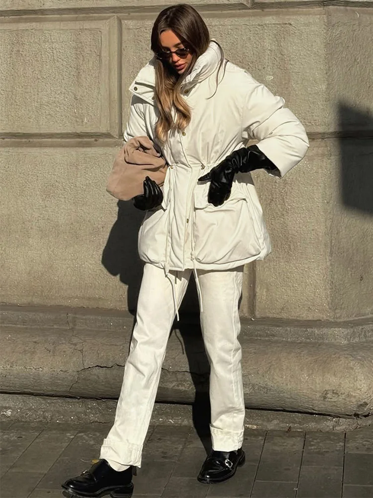 Trendix 2025 Winter Warm Jacket Women White Pocket Lace Up Long Sleeve Parkas Femme Autumn Fashion Office Commuting Warm Coat