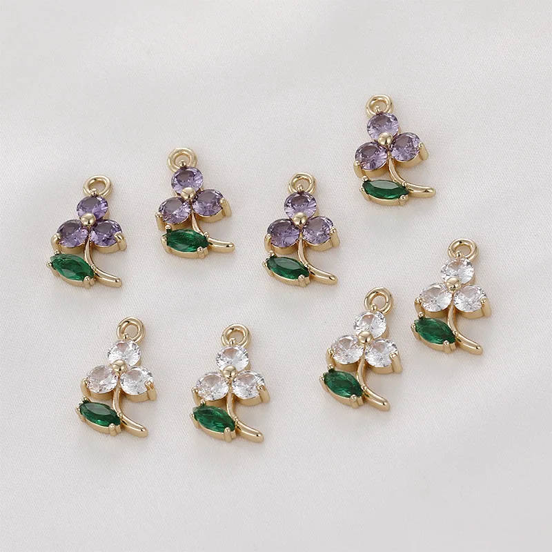 Copper Color Small Flower Green Leaf Zircon Crystal Pendant DIY Bracelet Necklace Ear Jewelry Pendant Accessories Material