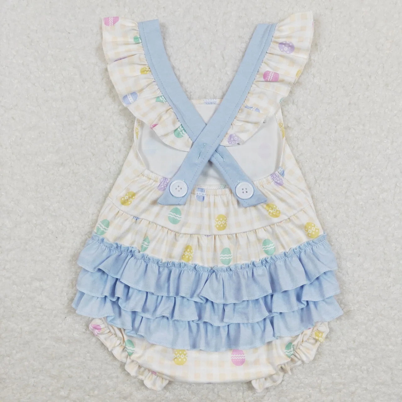 Wholesale Baby Girl Short Sleeves Eggs Bow Bubble Kids Toddler Blue Ruffle One-piece Newborn Easter Romper