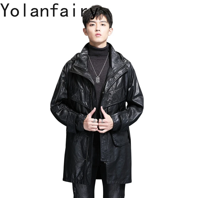 

YOLANFAIRY 2025 High-end 100% Real Cow Leather Jacket Men Hooded Mid-length Genuine Cowhide Man Leather Jacket Loose Trench Coat