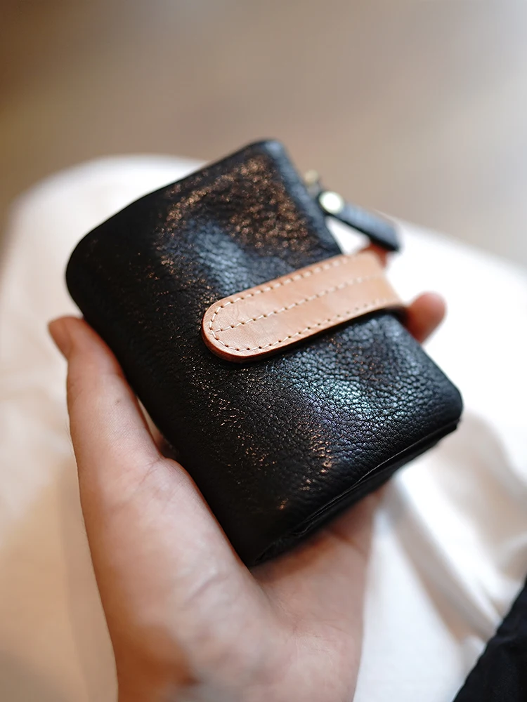 

2024 Cowhide Soft Retro Contrasting Color Women Wallet Buckle Leather Short Purse With Detachable Coin Pocket Large Capacity 45