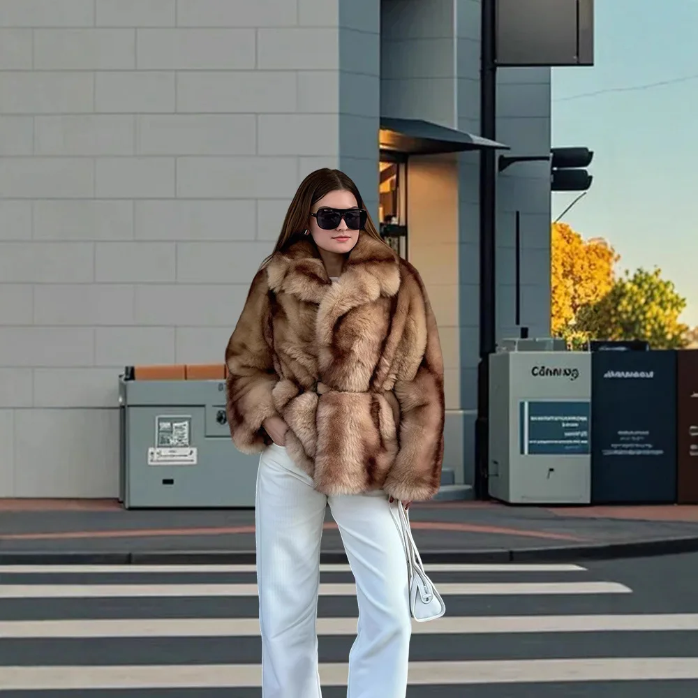 معطف فرو صناعي للنساء لشتاء 2025 لون نقي وجيب للخصر سترة فرو صديقة للبيئة للسيدات معطف فرو منك نسائي ضيق كبير الحجم