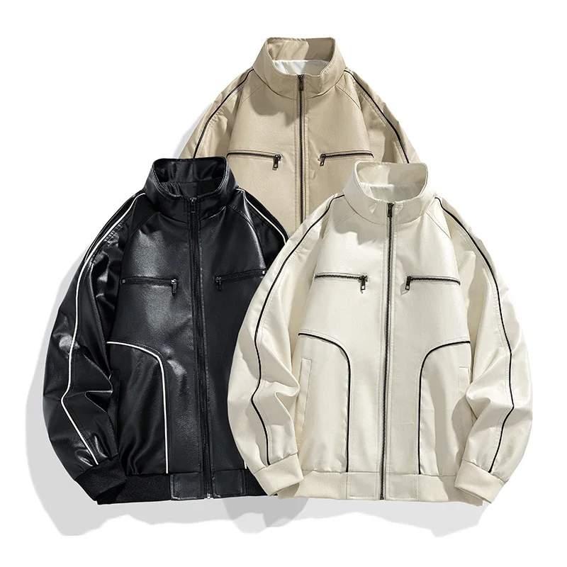 

PU Leather Jacket Fashion Men Spring Autumn Casual Leather Jacket Zipper Multi-pocket Patchwork Outwear Stand Collar Solid Coat