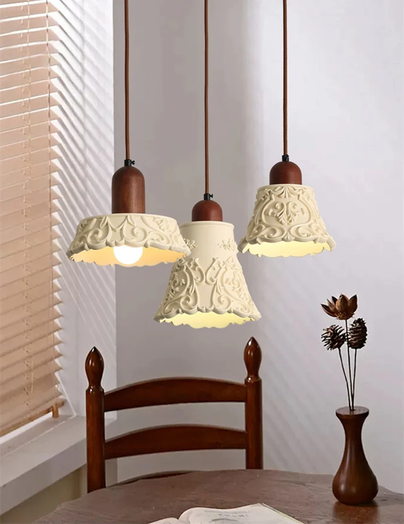 

CX144BS Nordic Creative Beige Resin Pendant Light Pattern Carving With Wood Dining Room Bedroom Suspension Lamp E27 Bulb