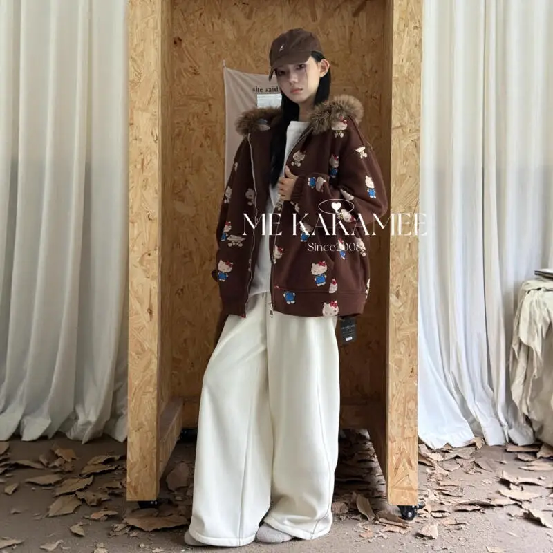 لطيف كيت طباعة هوديي المرأة فضفاض سستة قبعة مزدوجة اللون بلو ربيع الخريف سترة Jaet عارضة تخفيف Sle