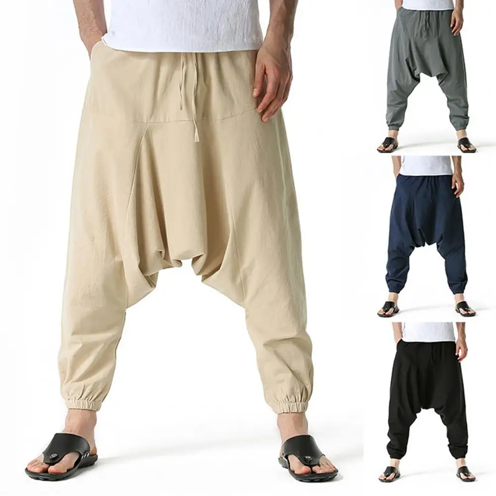 Men Cotton and Linen Pants Harem Pants Baggy Casual Oversize Loose Joggers Wide Leg Pants Yoga Drop Crotch Trousers Hip Hop